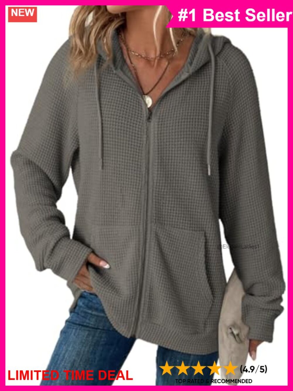 Waffle Knit Full Zip Hoodie Womens Oversized Sweatshirt